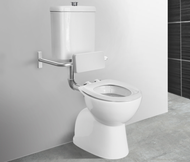 A white toilet suite with a raised seat and metal support arm, designed for accessibility and comfort.