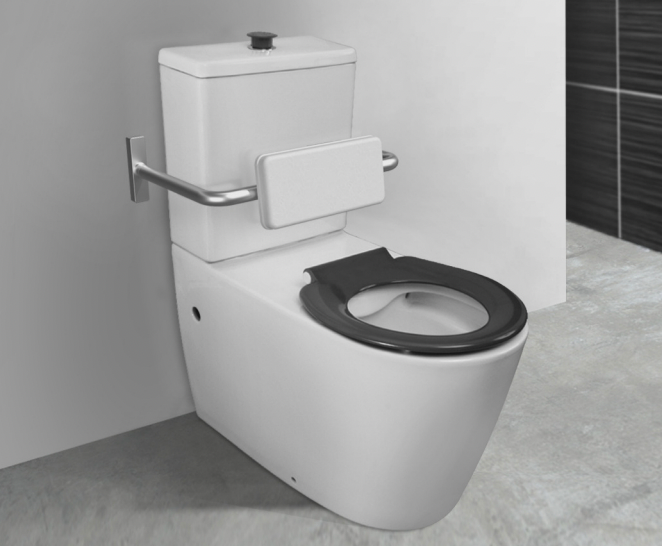 A white toilet suite with a raised grey seat and metal support arm, designed for accessibility and comfort.