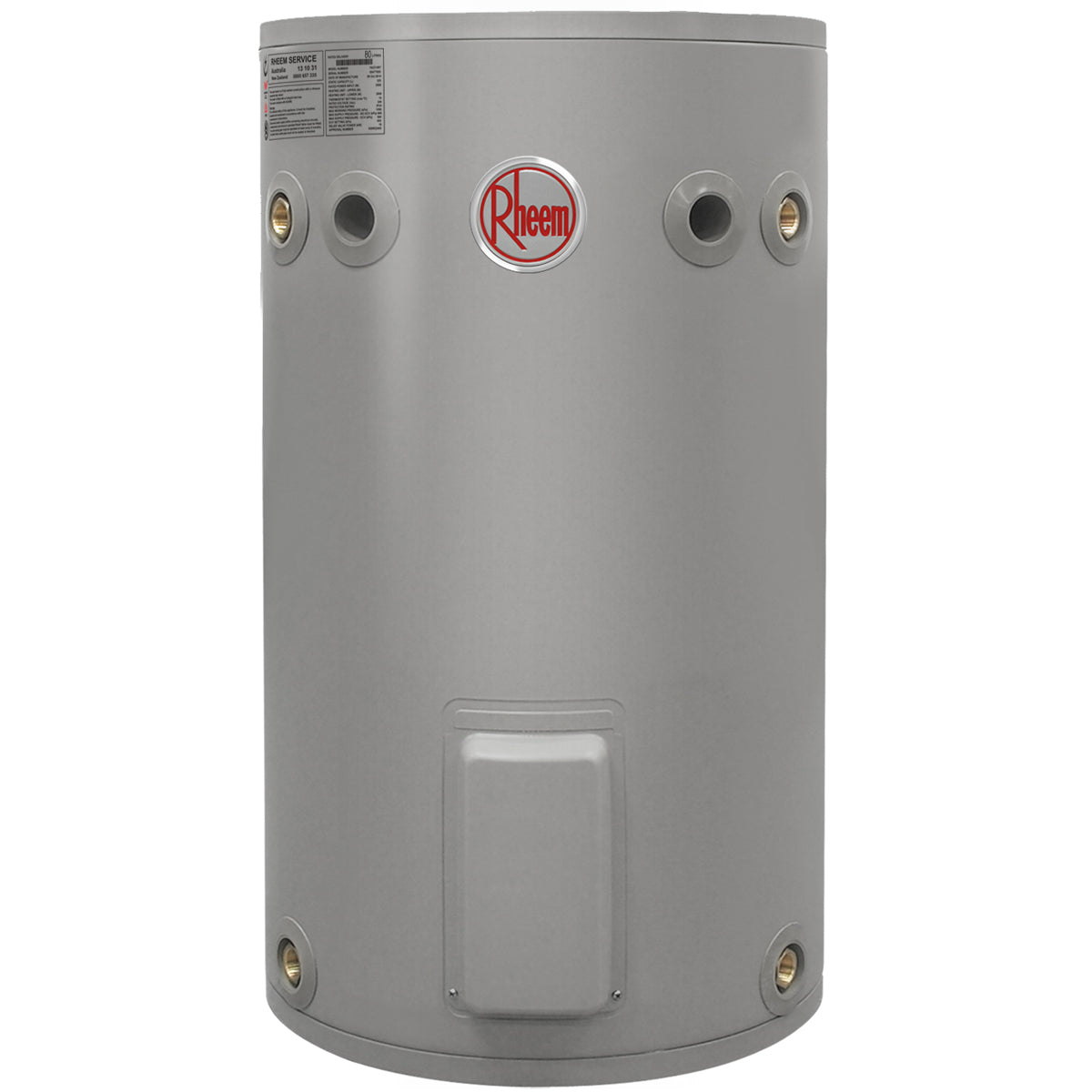 Rheem 80L electric hot water heater with  dual-handed connections.