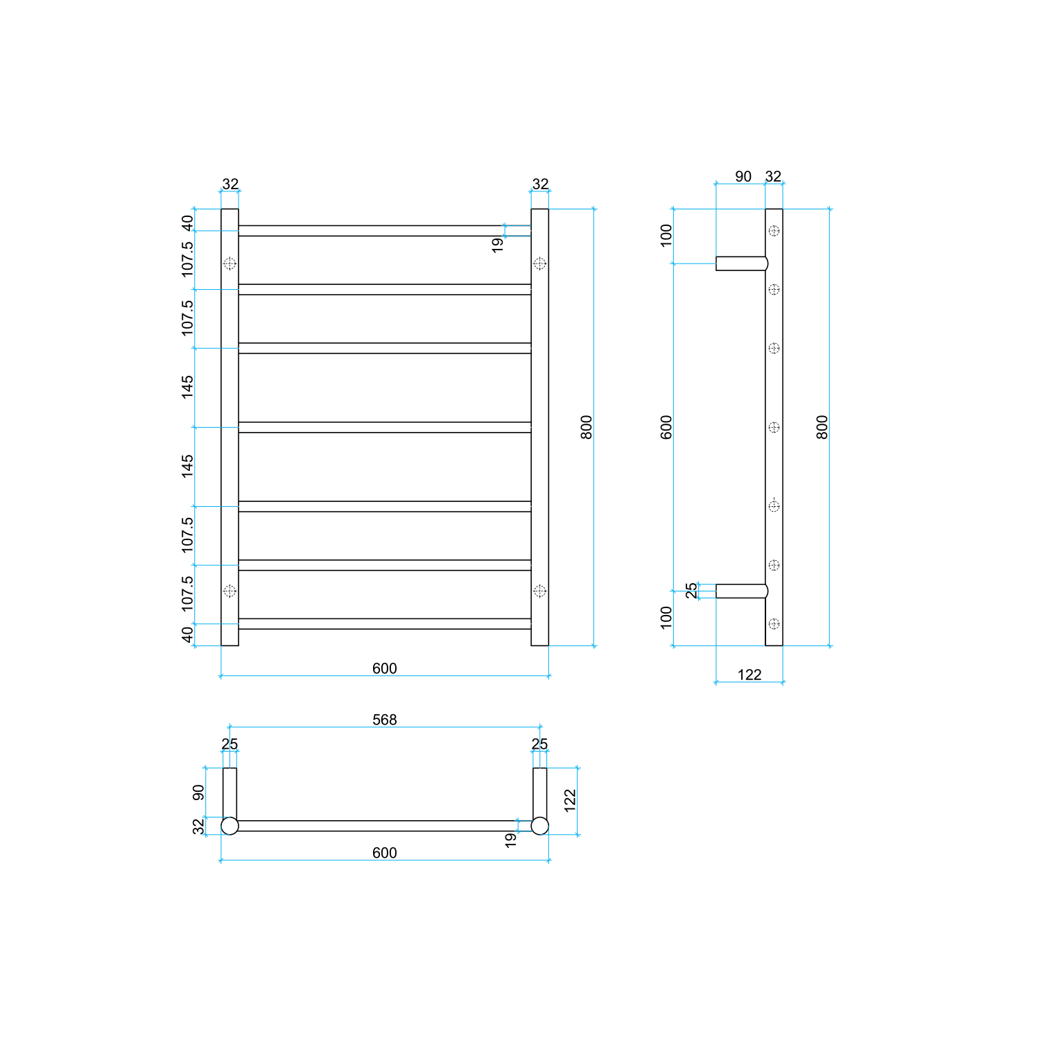 Thermogroup 7 Bar Thermorail Brushed Nickel Round Heated Towel Rail 800x600mm