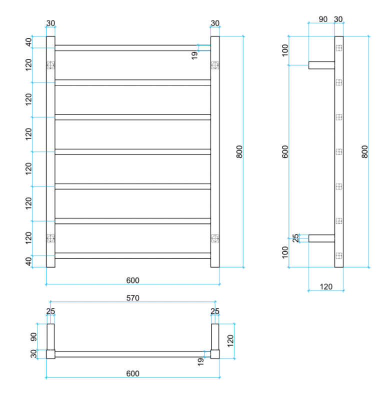 Thermogroup 7 Bar Square Thermorail Brushed Stainless Heated Towel Rail 800x600mm