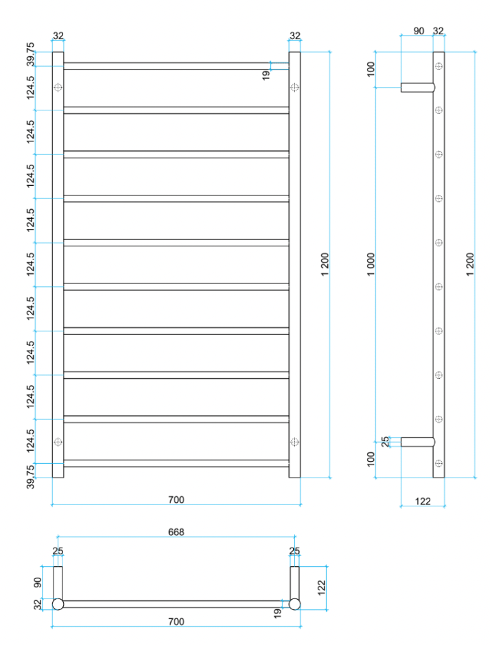 Thermogroup 10 Bar Round Thermorail Brushed Stainless Towel Rail 1200x700mm