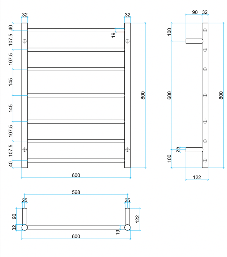 Thermogroup 7 Bar Thermorail Brushed Stainless Round Heated Towel Rail 800x600mm