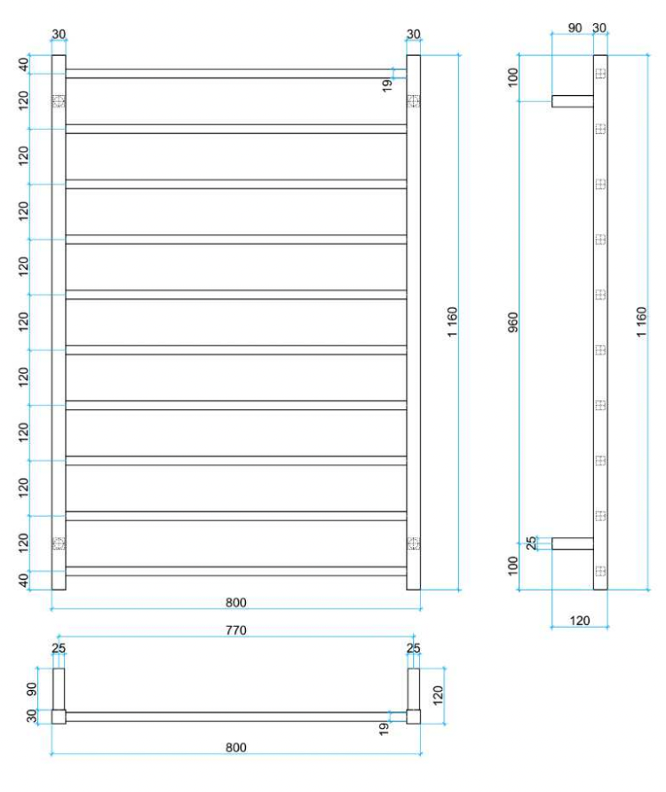 Thermogroup 10 Bar Thermorail Matte Black Square  Heated Towel Rail 1160x800mm