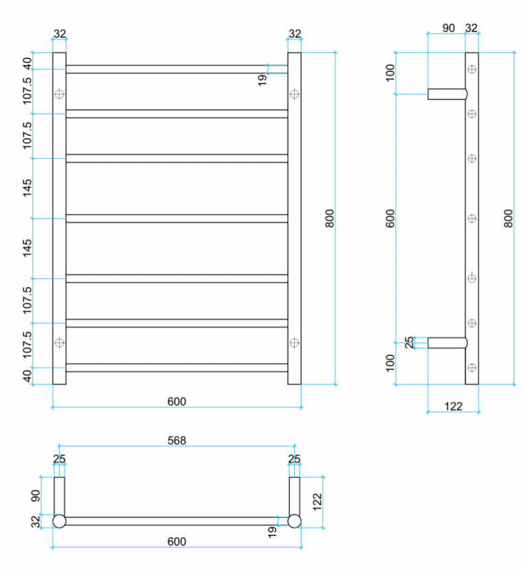 Thermogroup 7 Bar Thermorail Matte Black Round Heated Towel Rail 800x600mm