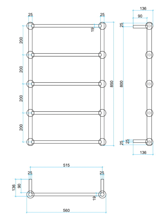 Thermogroup 5 Bar Thermorail Straight Round Heritage Heated Towel Ladder Polished Stainless Steel 850x560mm