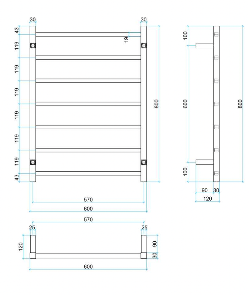 Thermogroup 7 Bar Matte Black Thermorail Straight Round Heated Towel Ladder 800x600mm