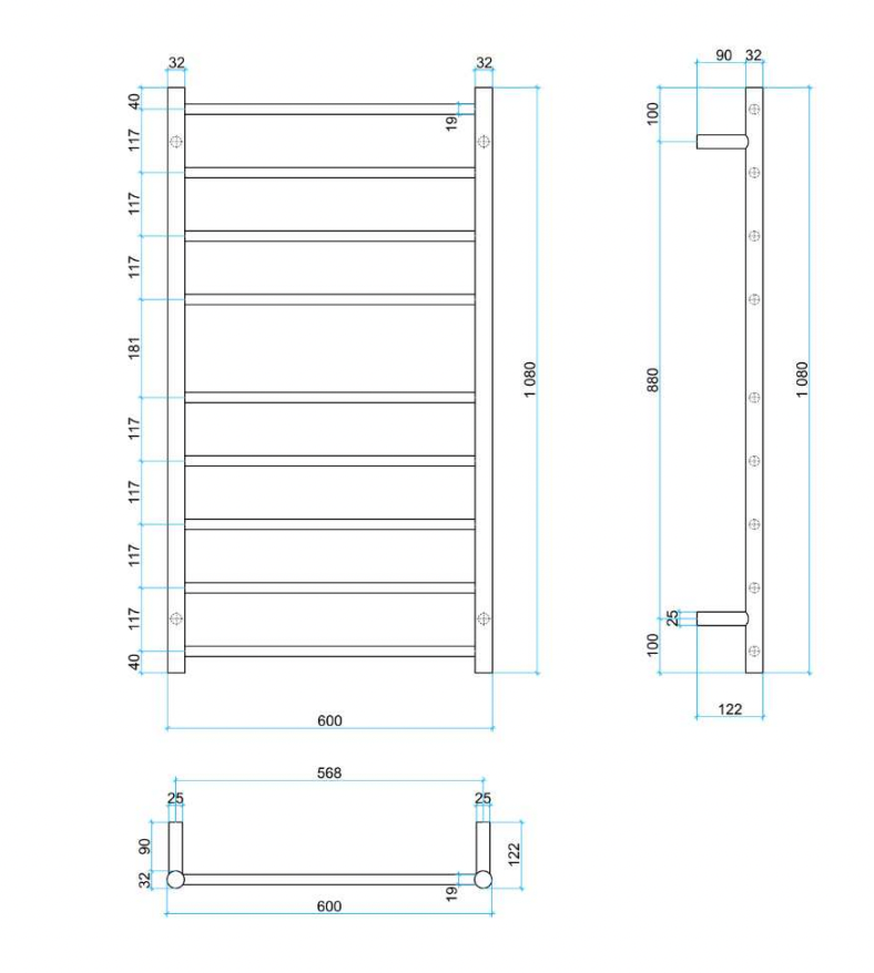 Thermogroup 9 Bar Thermorail Straight Round Heated Towel Ladder Polished Stainless Steel 1080x600mm