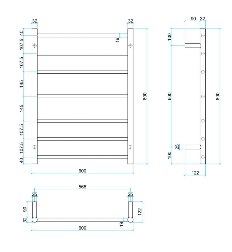 Thermogroup 7 Bar Thermorail Straight Round Heated Towel Ladder 800x600mm