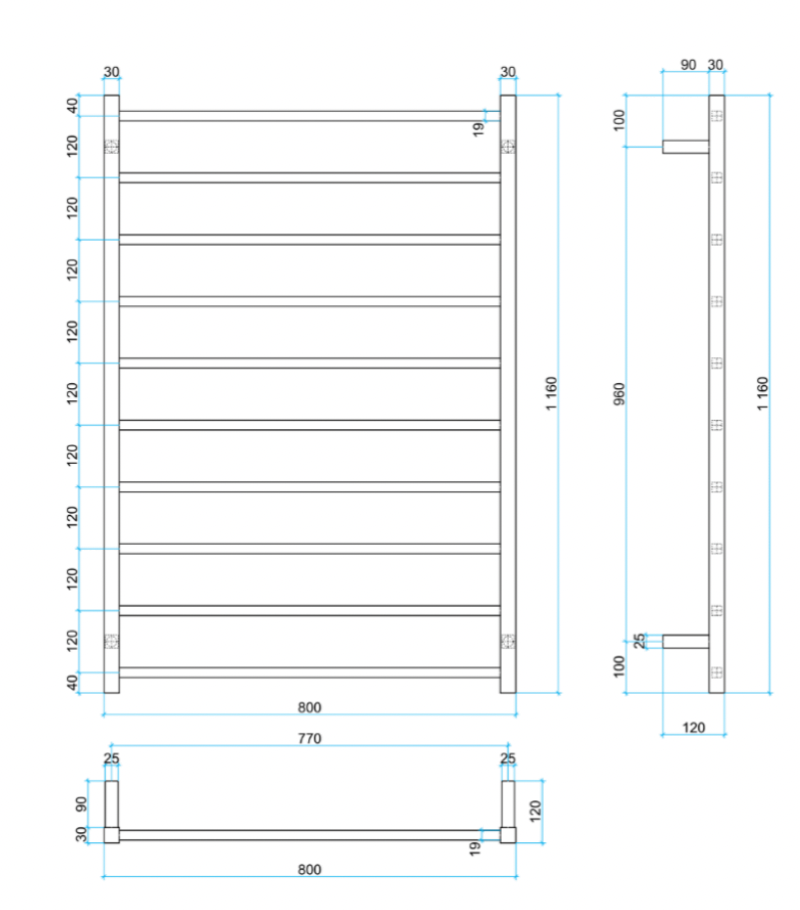 Thermogroup Wide 10 Bar Stainless Steel Thermorail Straight Square Heated Towel Ladder 1160x800mm