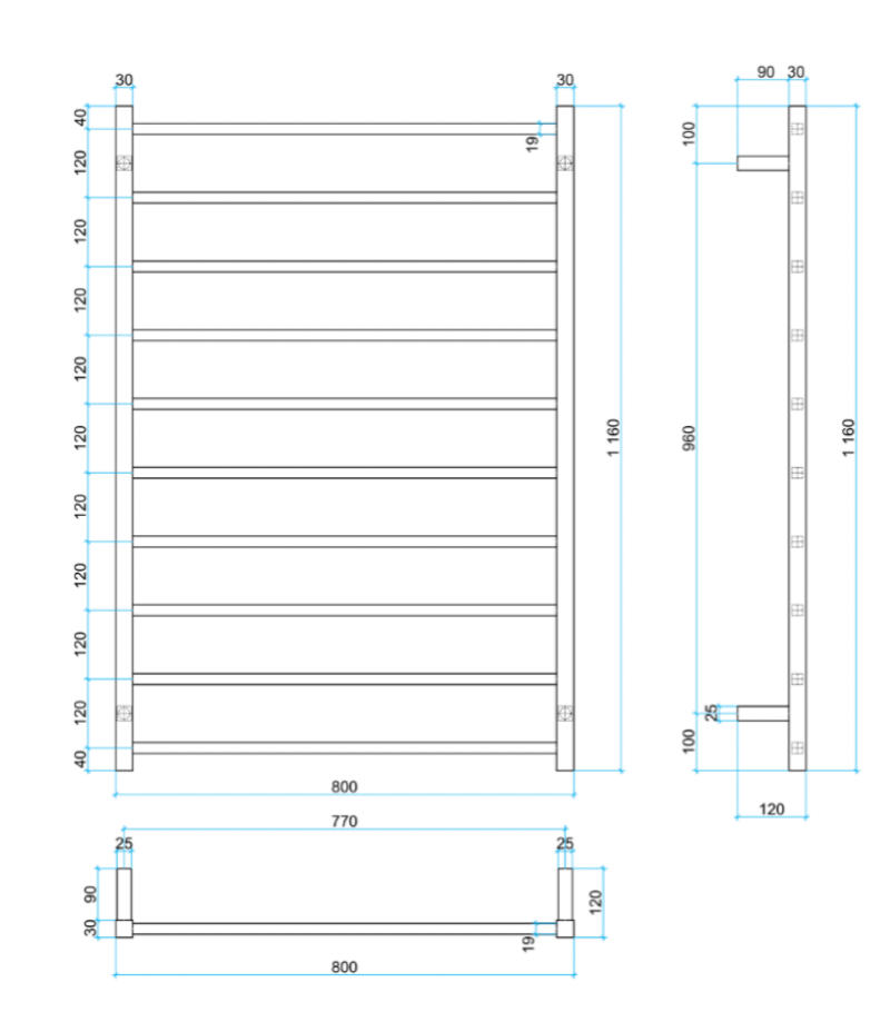 Thermogroup Wide 10 Bar Thermorail Straight Square Heated Towel Ladder 1160x800mm