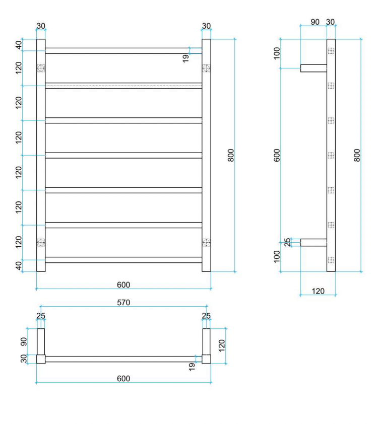 Thermogroup 7 Bar  Square Ladder Heated Towel Rail 600x800mm