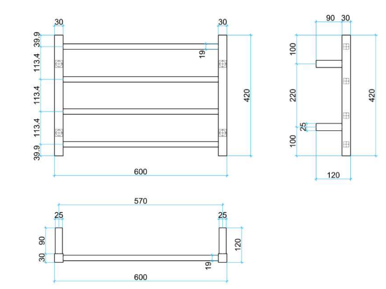 Thermogroup 4 Bar Thermorail Straight Square Heated Towel Ladder Polished Stainless Steel 600x420mm