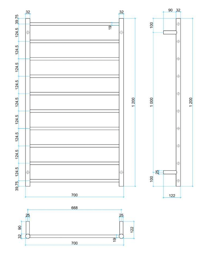 Thermogroup 10 Bar Thermorail Heated Towel Ladder Polished Stainless Steel 700x1200mm