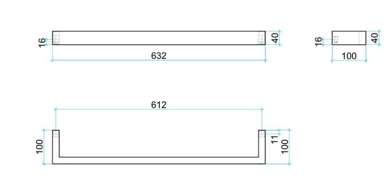 Thermogroup 12V Single Square Heated Towel Rail 632mm Matte Black