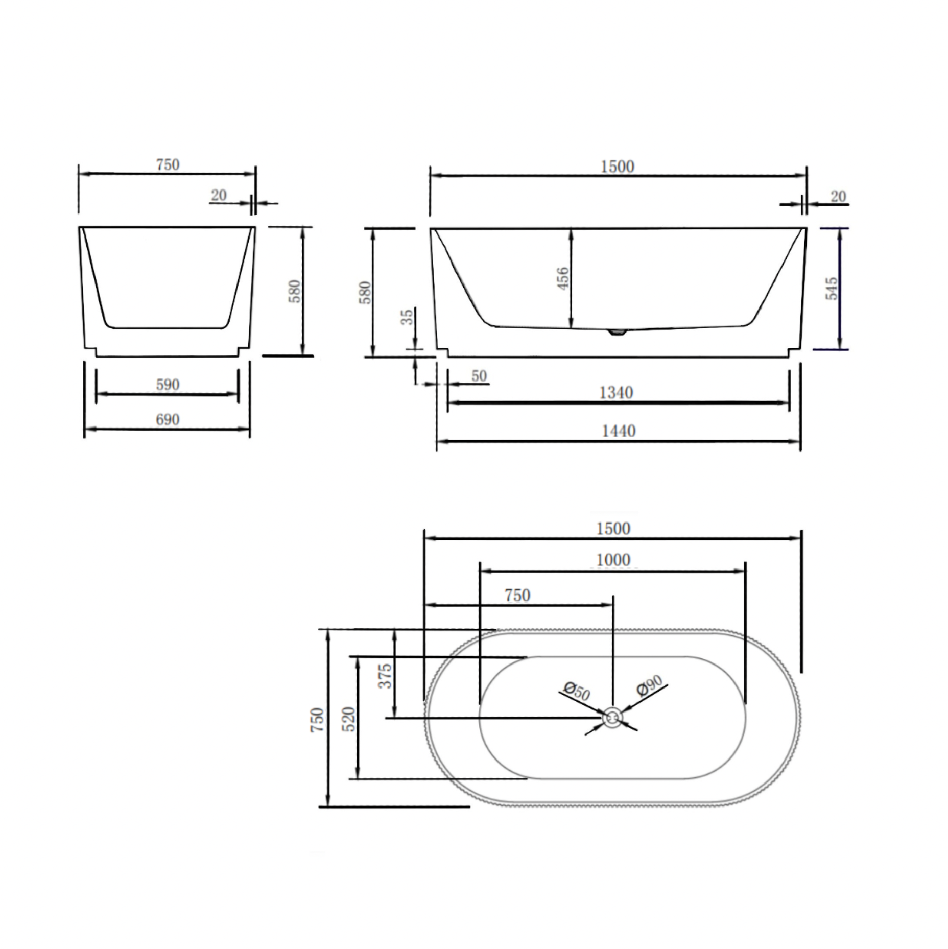 Donii Verona Groove Freestanding Bath Matte Black 1500/1700