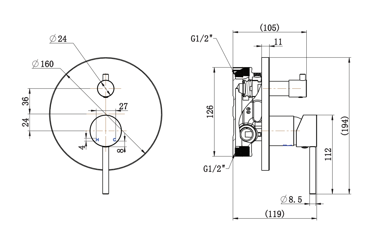 ADP Bloom Wall Mixer With Diverter Chrome