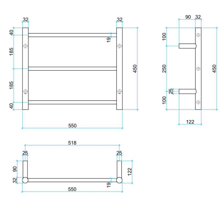 Thermogroup 3 Bar Straight Round Heated Towel Rail Polished Stainless Steel 550x450mm