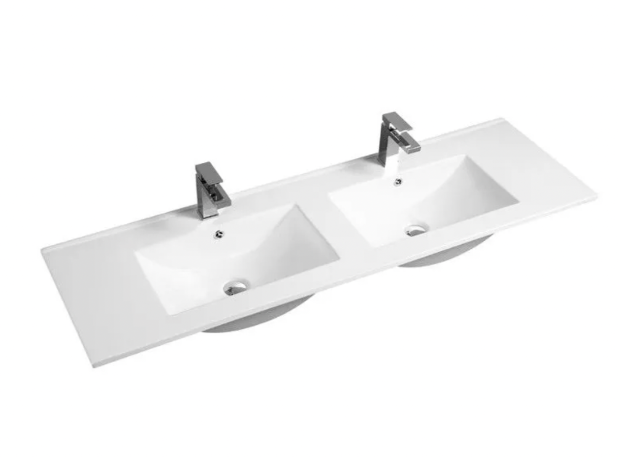A white ceramic double bowl vanity top with a contemporary design and a slim profile.