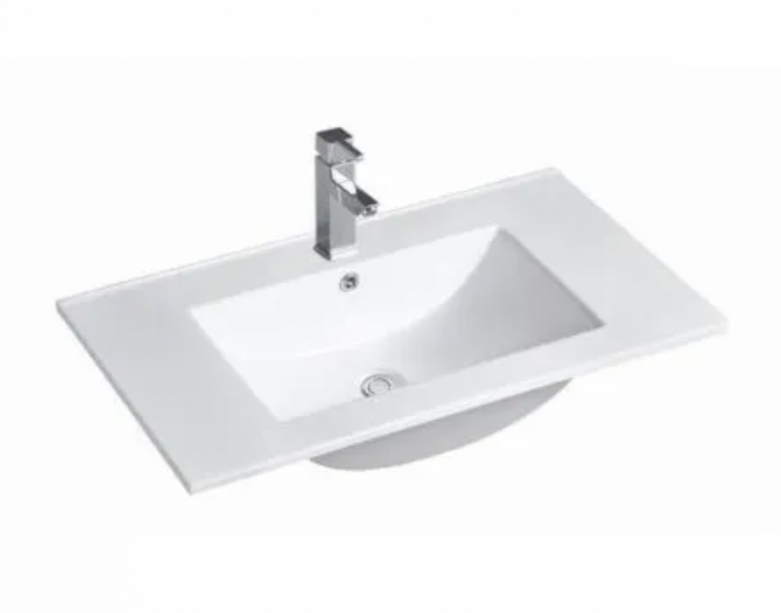 A white ceramic vanity top with a single basin, designed for above-counter mounting.