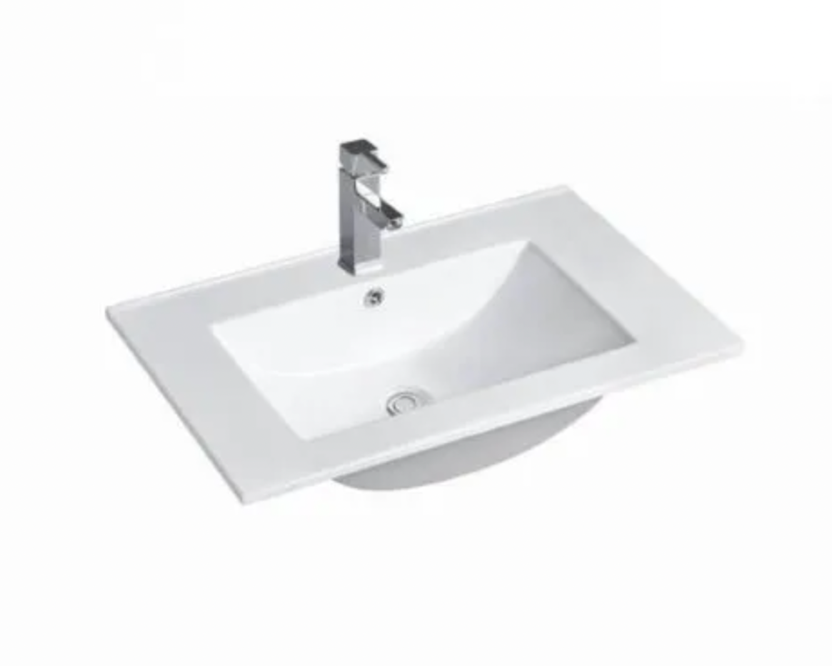 A white ceramic vanity top with a single bowl, designed for mounting on a vanity cabinet.