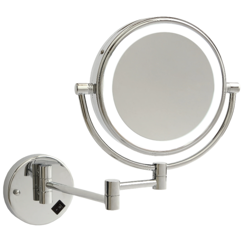 Round magnified makeup or shaving mirror with light chrome