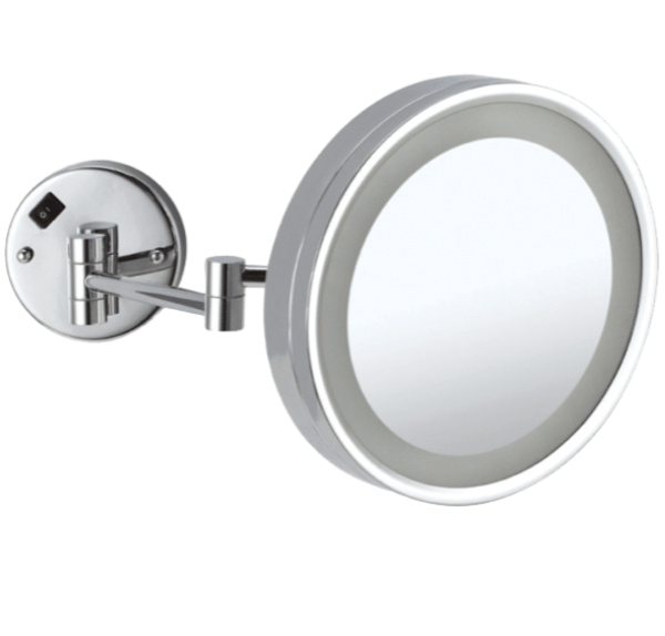 Round magnified makeup or shaving mirror with light chrome