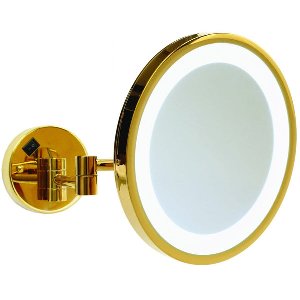 Round magnified makeup or shaving mirror with light  brushed brass
