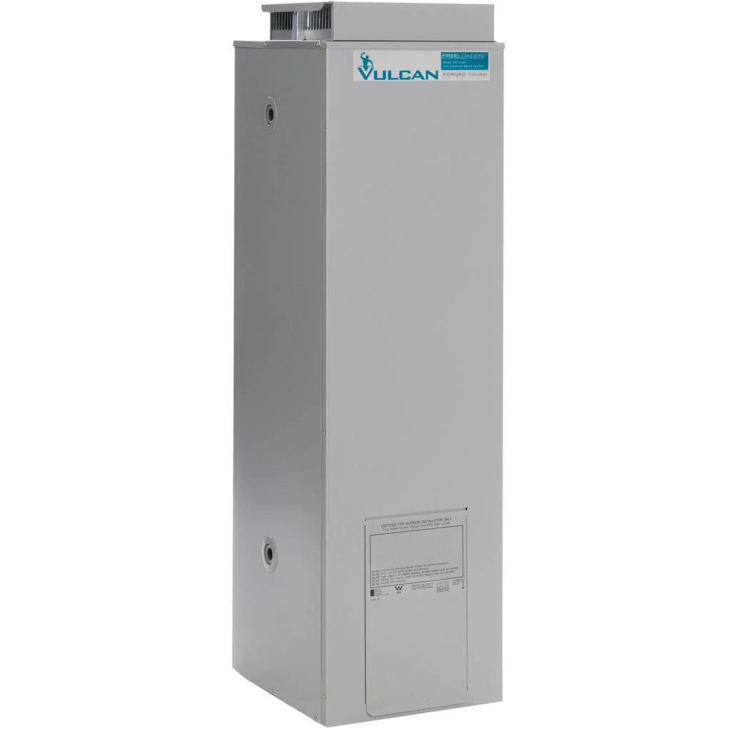 A gas  135 lt Vulcan brand external hot water heater with a vertical orientation.
