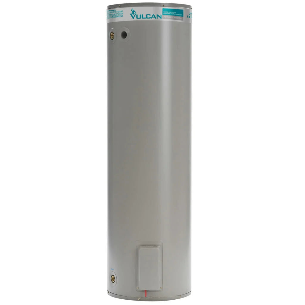 A vertical image of the Vulcan 160L Electric Hot Water Heater with the brand logo visible at the top.
