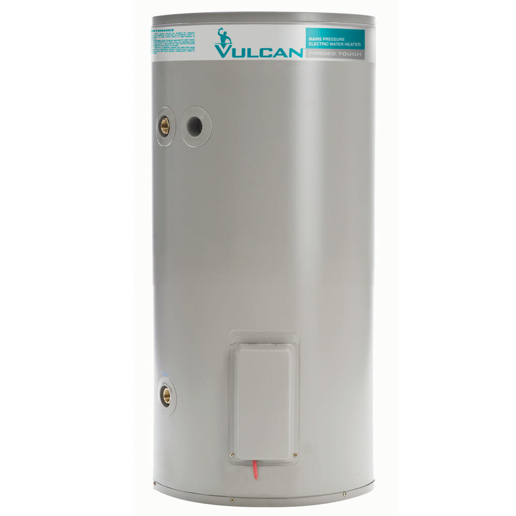 Vulcan electric hot water heater with a gray exterior and control panel on the bottom.