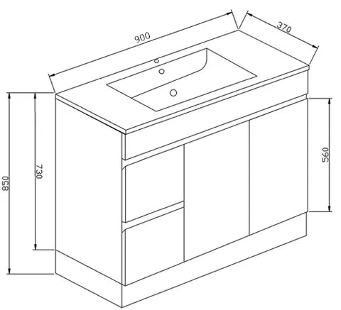 Pavia 900 x 370 Floor Mount Slimline Vanity On Legs With Slimline Ceramic Top