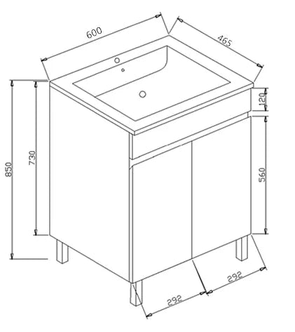Pavia 600 x 460 Floor Mount Vanity On Legs With Slimline Ceramic Top