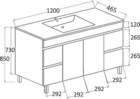 Pavia 1200 x 460 Floor Mount Vanity On Kickboard With Slimline Ceramic Top