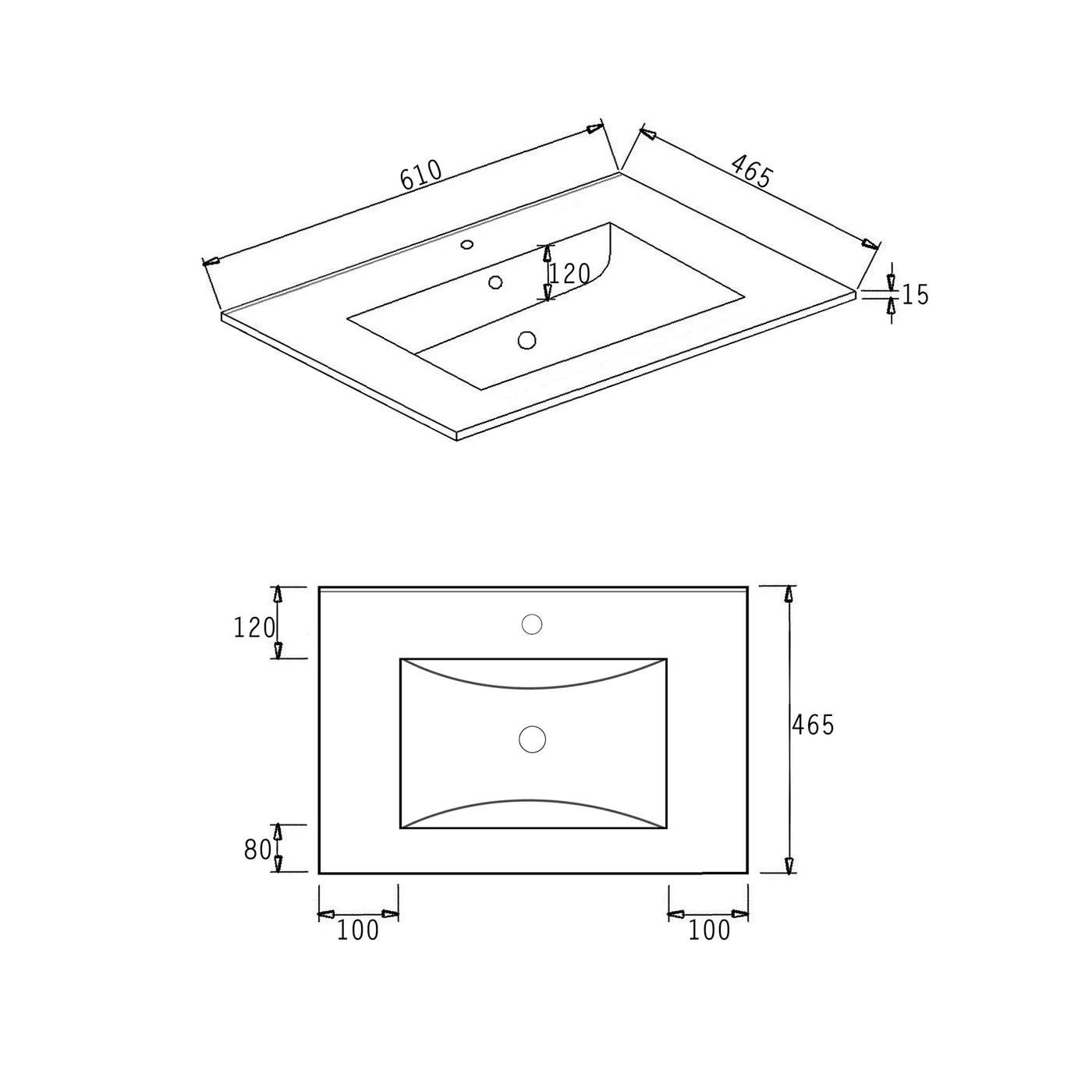 Slimline Ceramic White Gloss vanity Top 600x460