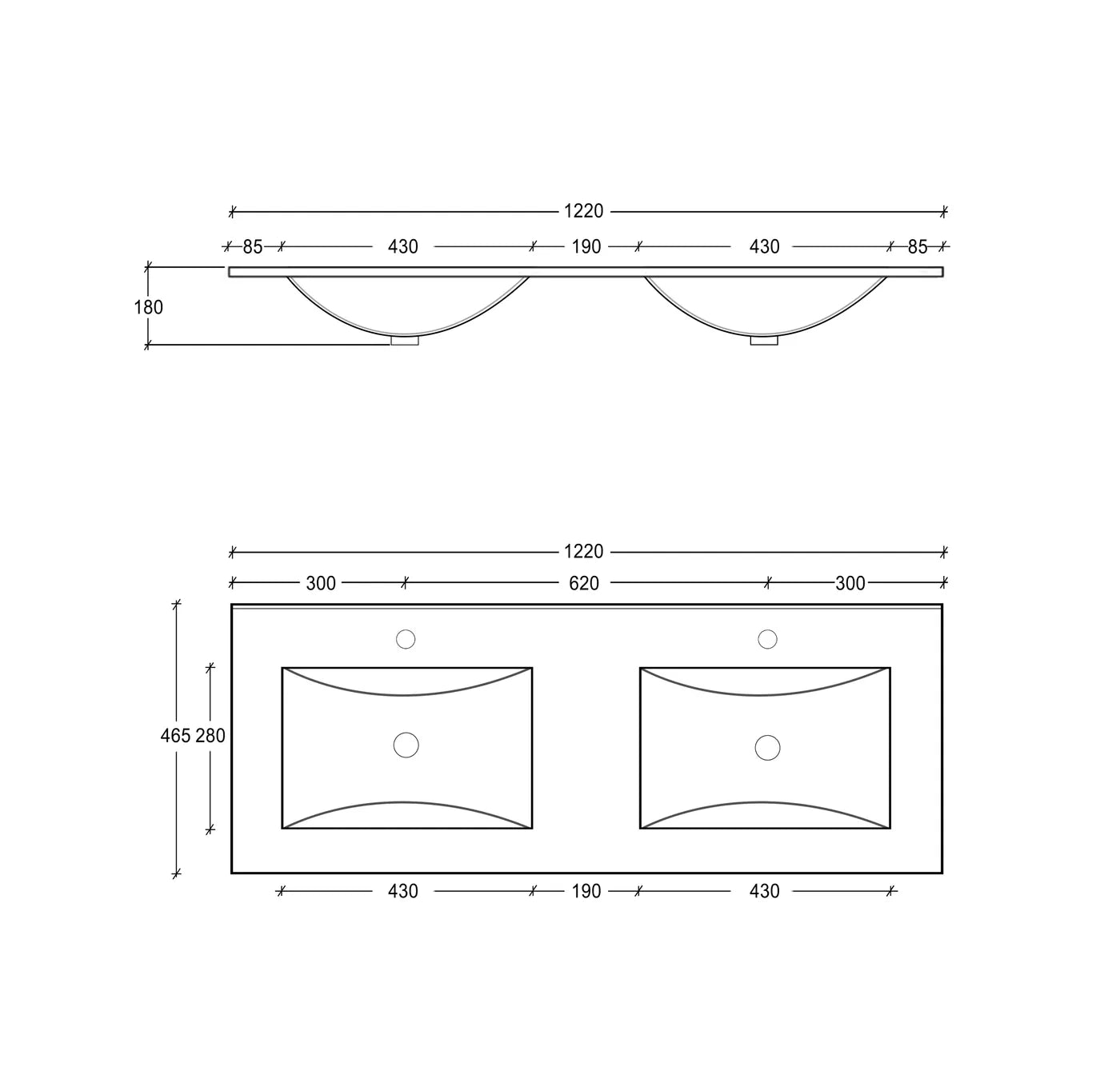 Slimline Ceramic Gloss White Double bowl Vanity Top 1200x460