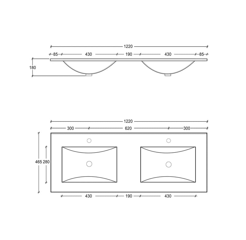 Slimline Ceramic Gloss White Double bowl Vanity Top 1200x460