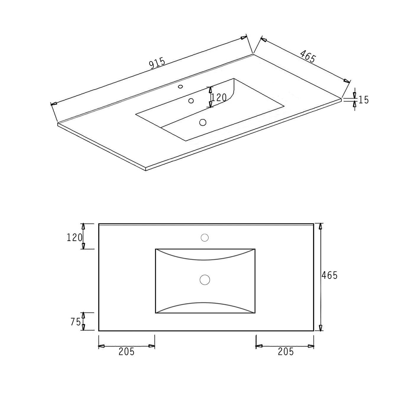 Slimline Ceramic Gloss White Vanity Top 900x460