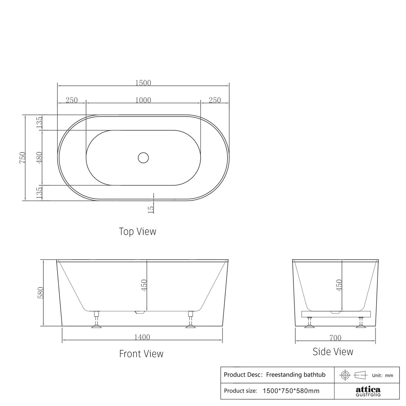 Otti Noosa 1500mm Freestanding Bath Gloss White