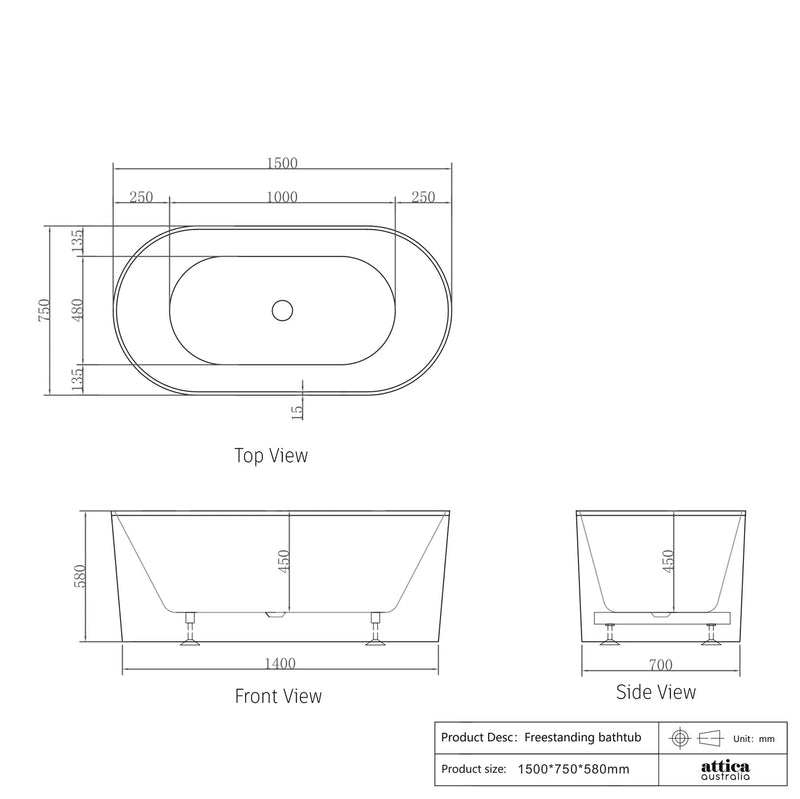 Otti Noosa 1500mm Freestanding Bath Gloss White