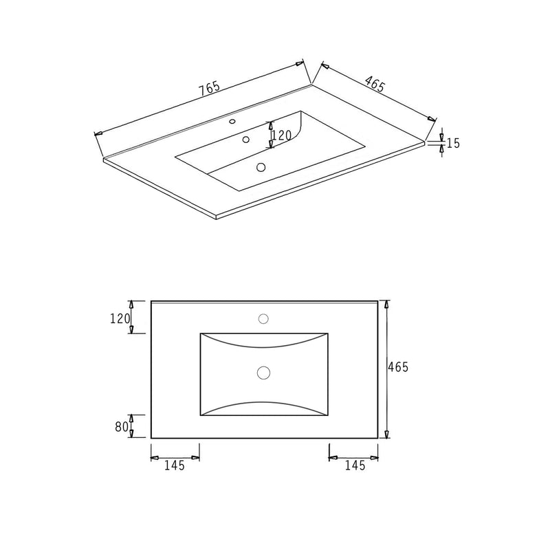 Slimline Ceramic White Gloss Vanity Top 750x460