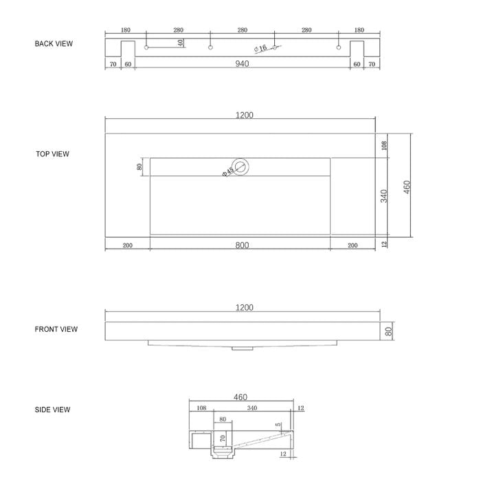 Otti Moonlight Wall Hung Matte White Basin 1200x460
