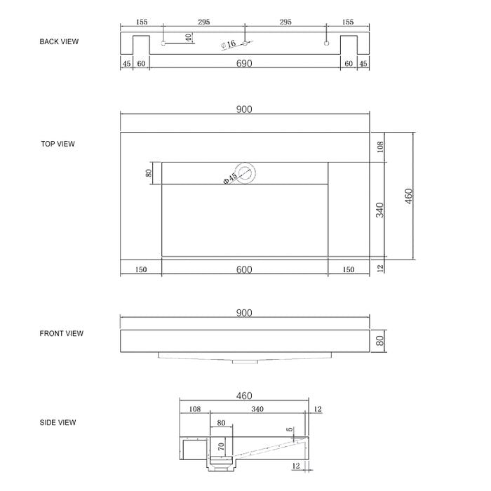 Otti Moonlight Wall Hung Matte White Basin 900x460